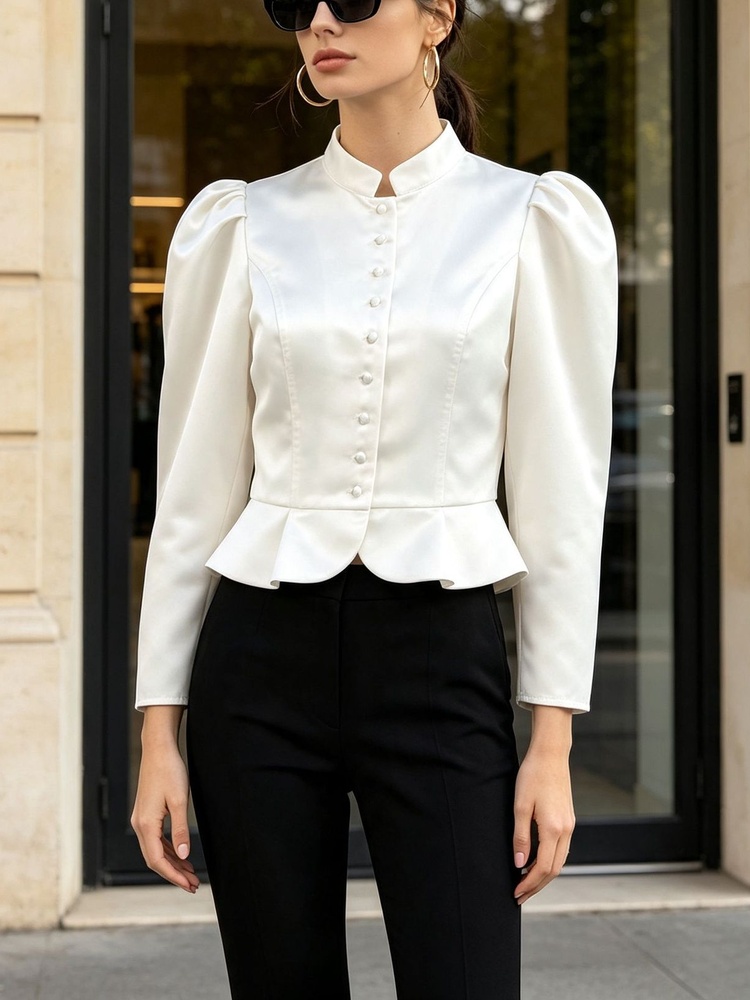 Mandarin Collar Formal Shirt Slim Fit - Camicetta Peplum a Maniche Lunghe con