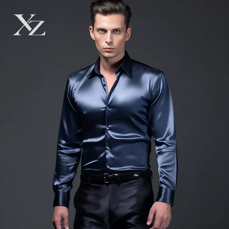 Camicia elegante da uomo in ra - Mens Satin Silk Dress Shirt recensione e prezzo