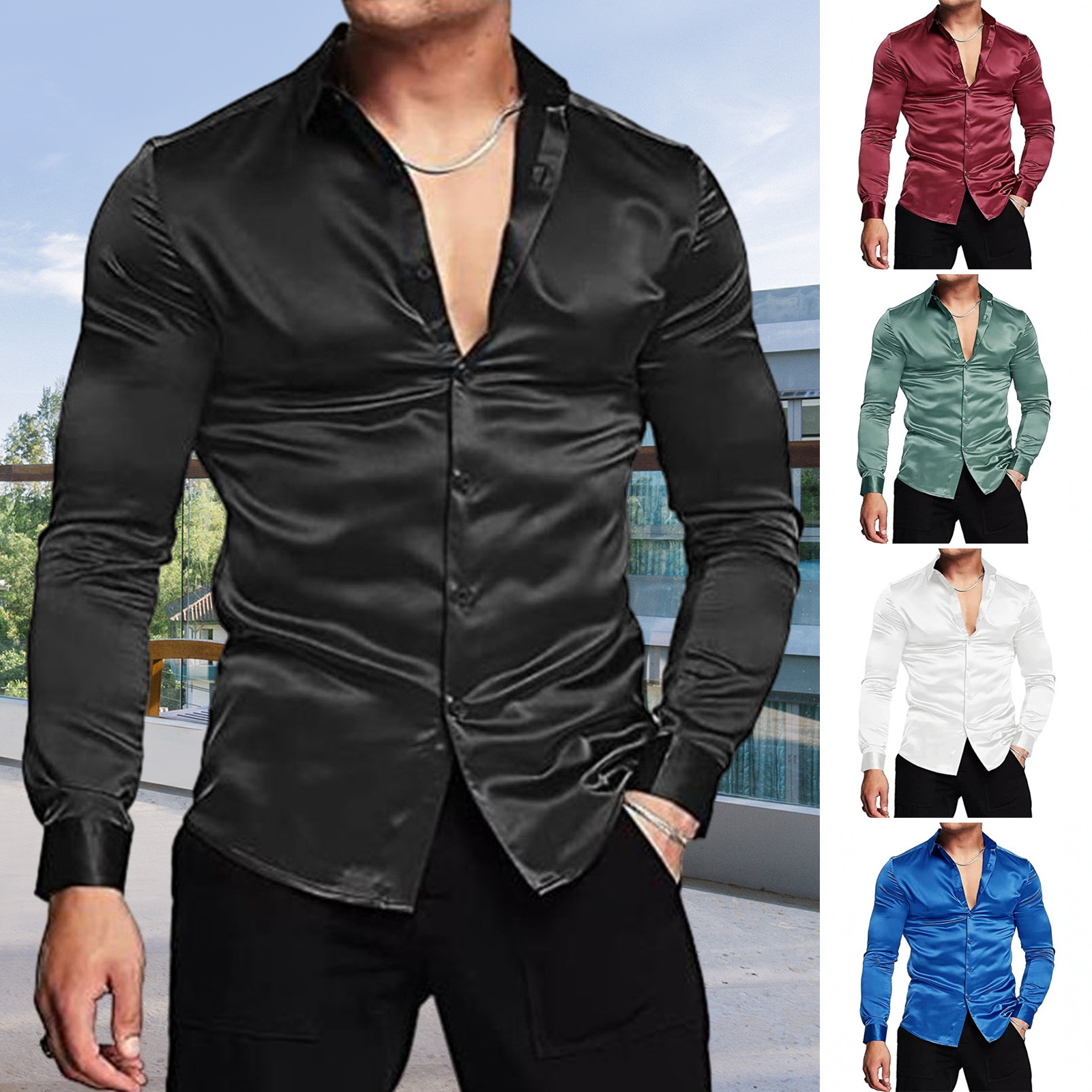 Camicia elegante di lusso in r - Mens Satin Silk Dress Shirt recensione e prezzo